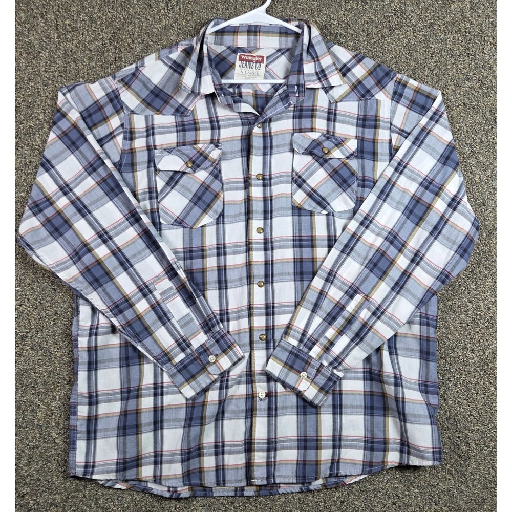 Wrangler Pearl Snaps Shirt Mens XL Blue Plaid Western Cotton Blend Long Sleeve